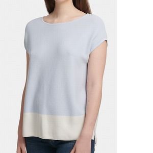 DKNY Women Top Light Blue Size Large L Knit Colorblock Boat Neck Split